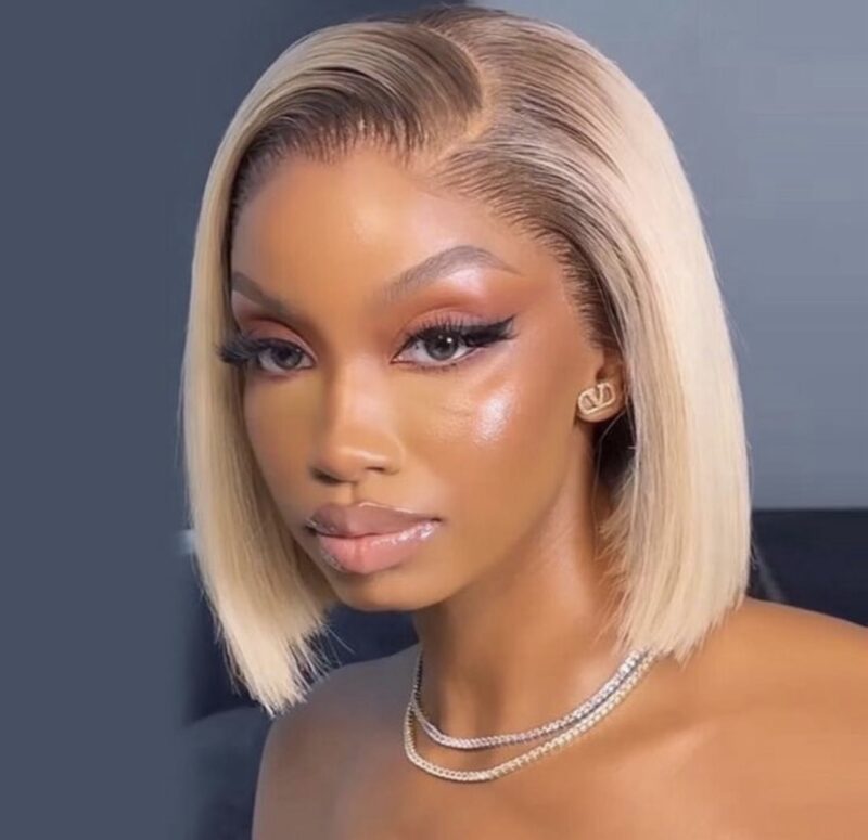 Full frontal dark root blonde bob wig